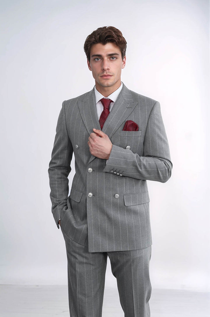 WSS Pinstripe Double Breasted Men’s Grey Suit with Silver Button Details  - Valle de Santiago