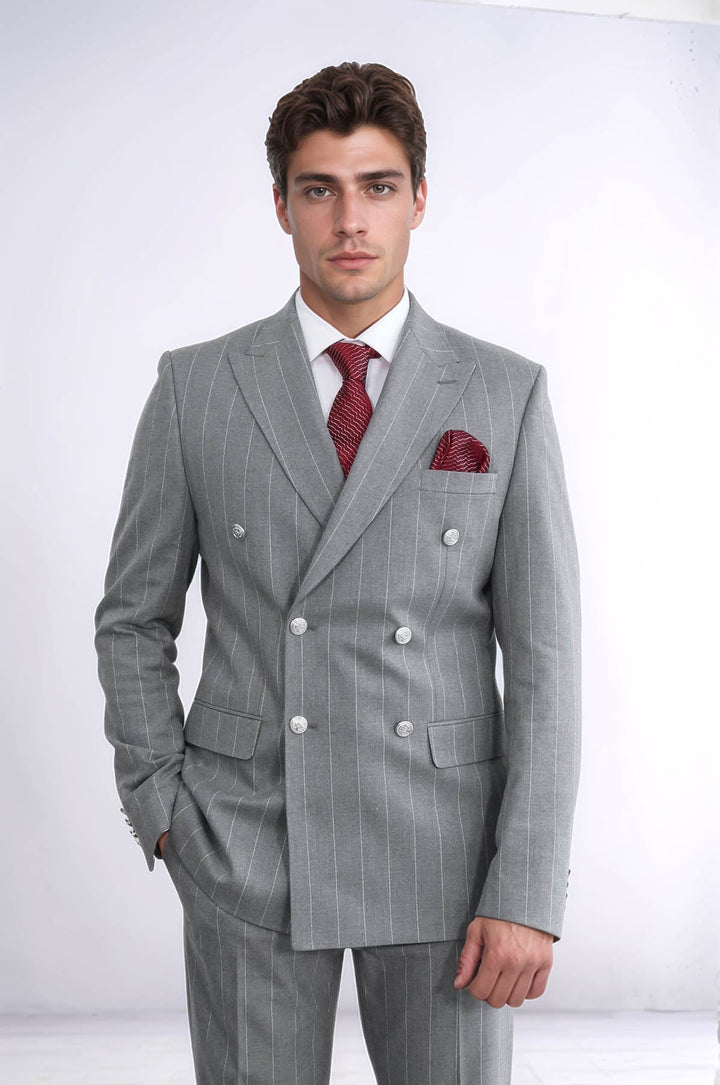 WSS Pinstripe Double Breasted Men’s Grey Suit with Silver Button Details  - Falls