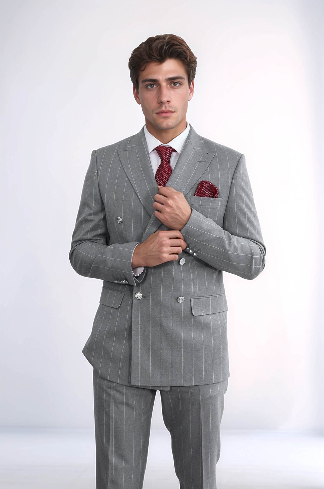 WSS Pinstripe Double Breasted Men’s Grey Suit with Silver Button Details  - Valle de Santiago