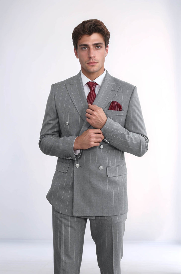 WSS Pinstripe Double Breasted Men’s Grey Suit with Silver Button Details  - Valle de Santiago