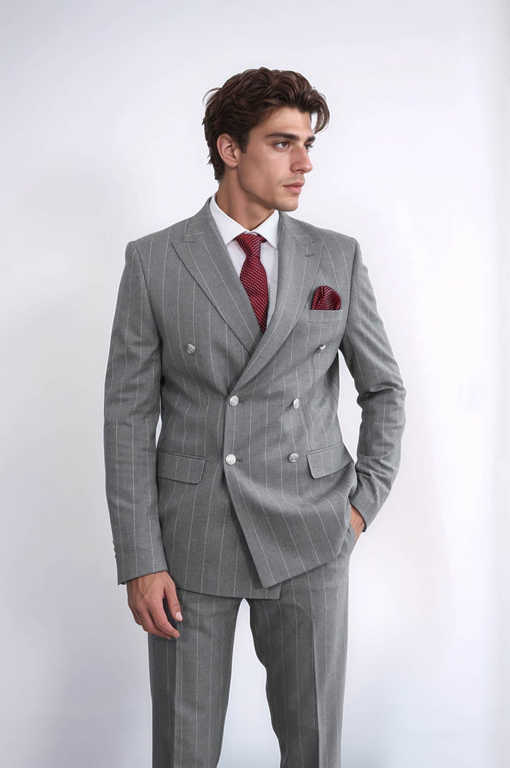 WSS Pinstripe Double Breasted Men’s Grey Suit with Silver Button Details  - Valle de Santiago