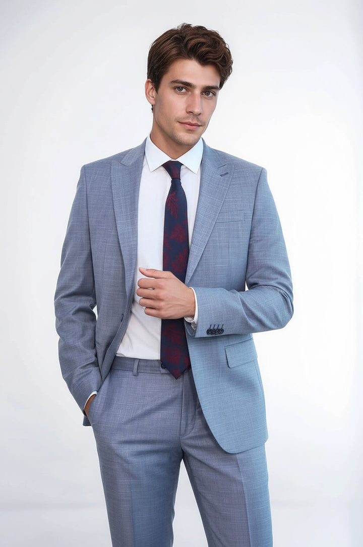 WSS Two Piece Slim Fit Single Button Grey Blue Men Suit  - Maladzyechna