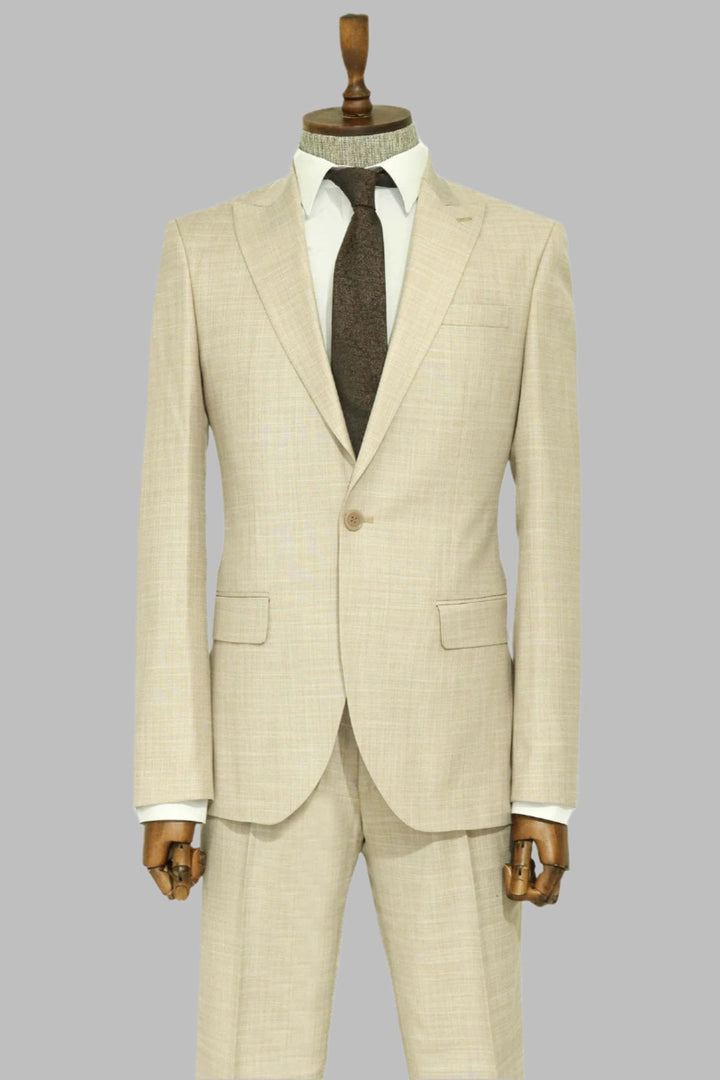 WSS Two Piece Slim Fit Single Button Beige Men Suit - Lerma