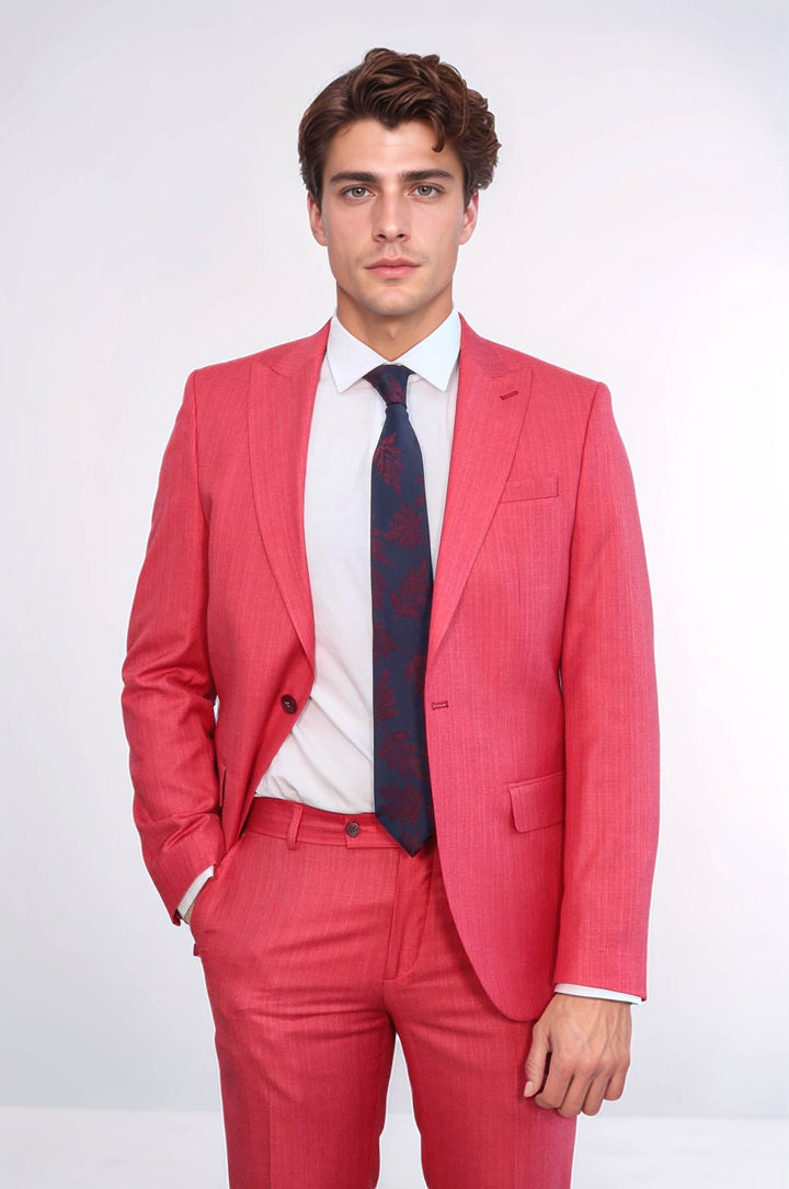 WSS Two Piece Slim Fit Single Button Coral Red Men Suit  - West Haven