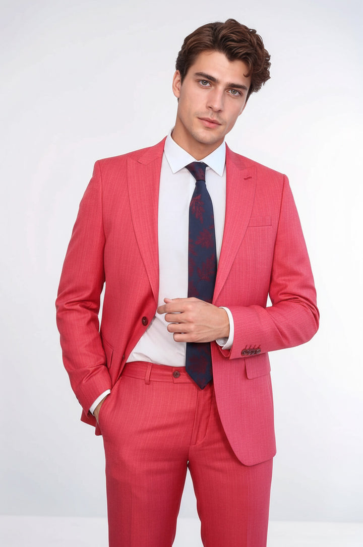 WSS Two Piece Slim Fit Single Button Coral Red Men Suit  - Nichelino