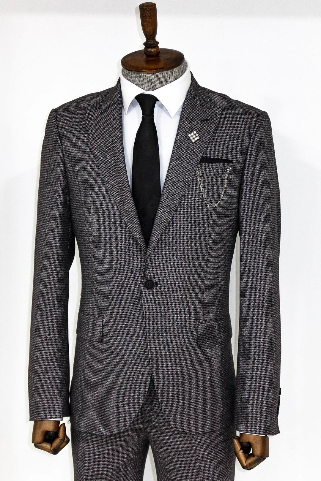 WSS Slim Fit Houndstooth Patterned 2 Piece Grey Men Suit  - Auckland