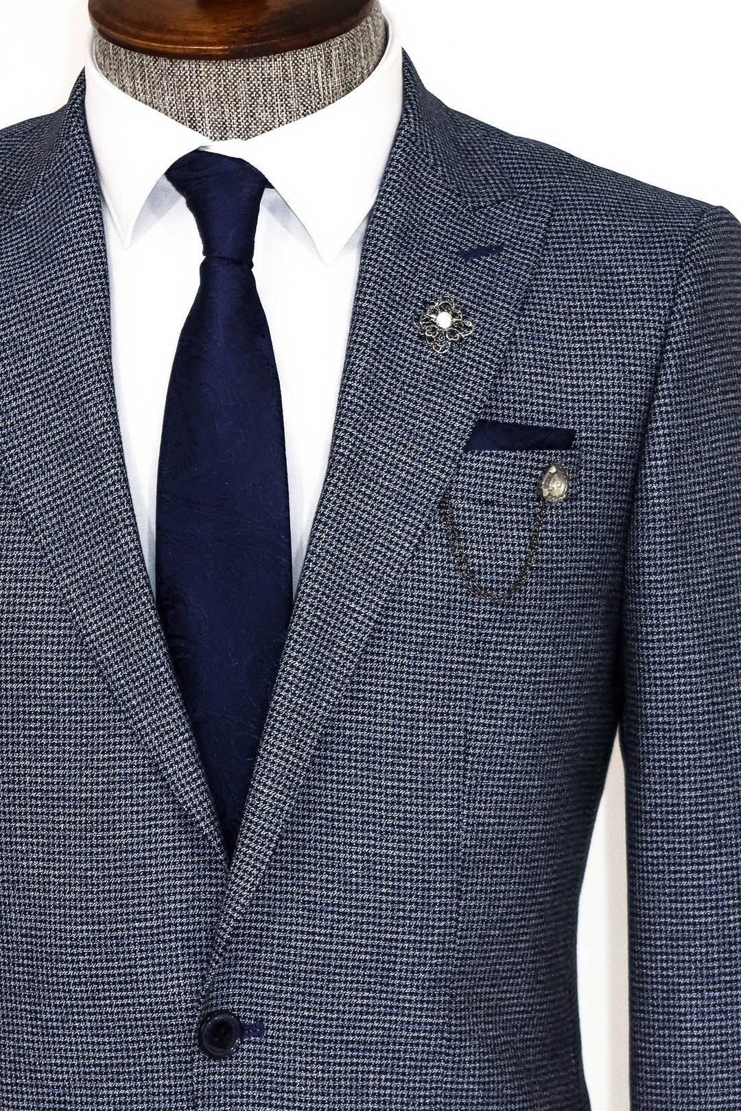 WSS Slim Fit Houndstooth Patterned 2 Piece Navy Blue Men Suit  - Torres Novas