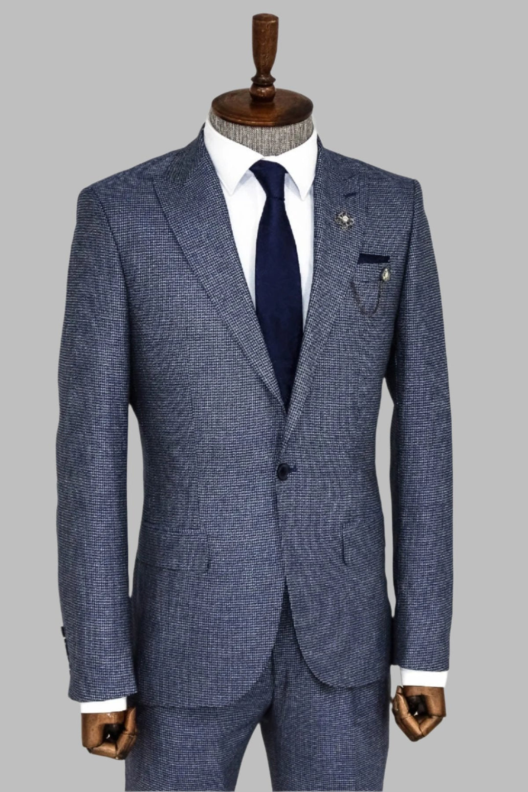 WSS Slim Fit Houndstooth Patterned 2 Piece Navy Blue Men Suit  - Torres Novas