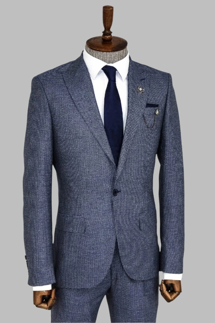 WSS Slim Fit Houndstooth Patterned 2 Piece Navy Blue Men Suit  - Torres Novas