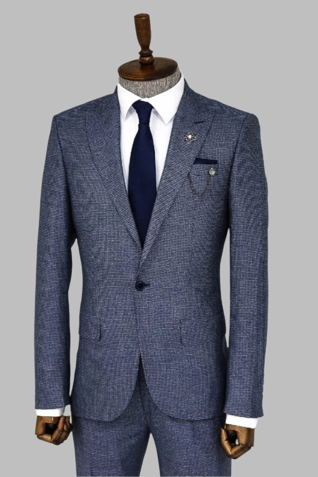WSS Slim Fit Houndstooth Patterned 2 Piece Navy Blue Men Suit  - Torres Novas