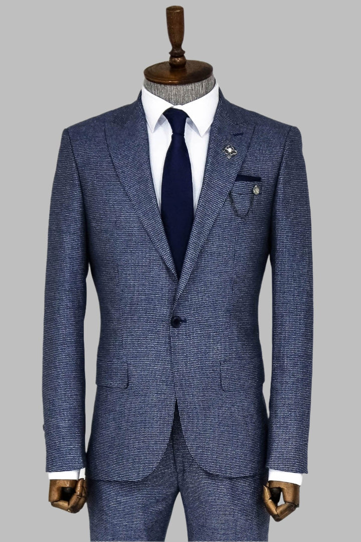 WSS Slim Fit Houndstooth Patterned 2 Piece Navy Blue Men Suit  - Torres Novas