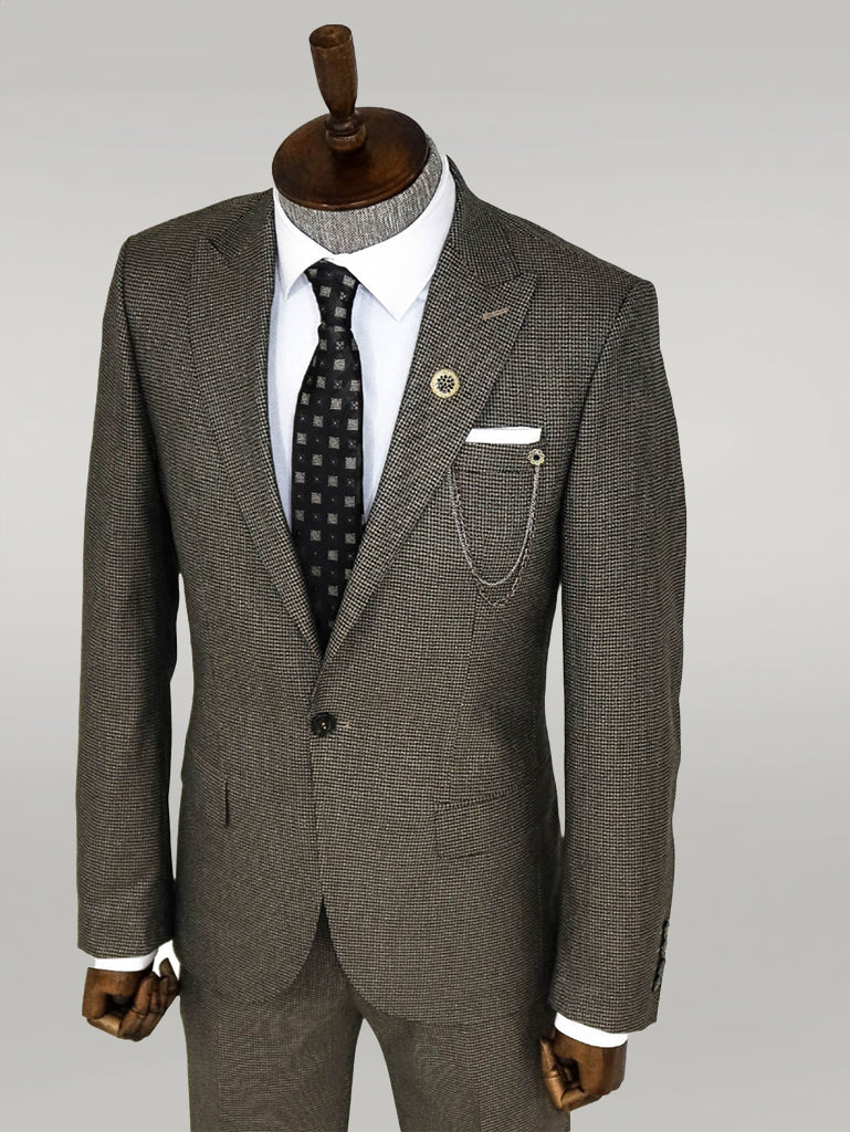 WSS Slim Fit Houndstooth Patterned 2 Piece Brown Men Suit  - Giurgiu