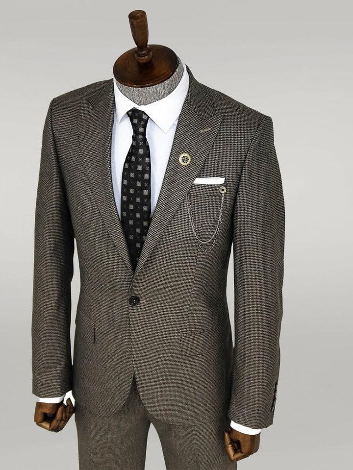 WSS Slim Fit Houndstooth Patterned 2 Piece Brown Men Suit  - Giurgiu