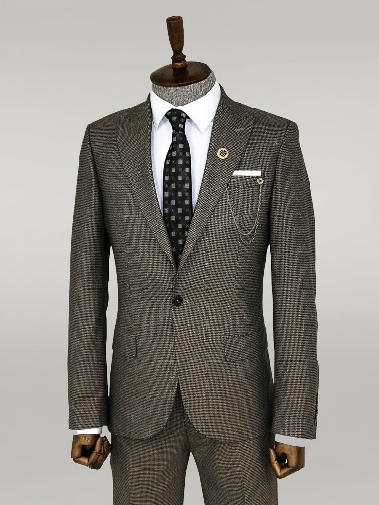 WSS Slim Fit Houndstooth Patterned 2 Piece Brown Men Suit  - Giurgiu