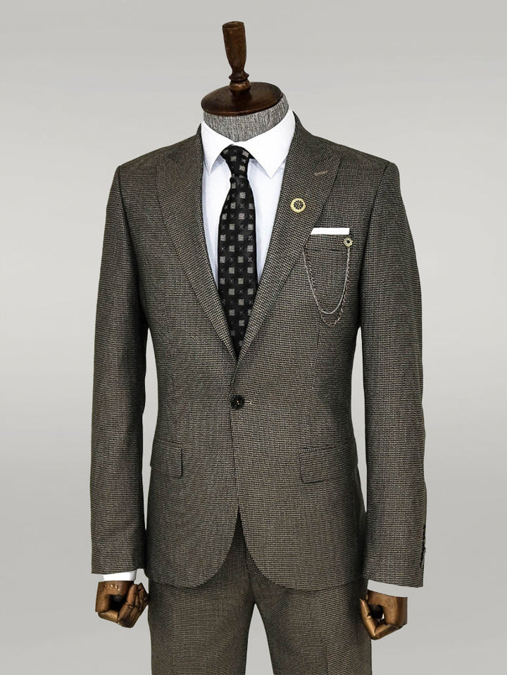 WSS Slim Fit Houndstooth Patterned 2 Piece Brown Men Suit  - Giurgiu