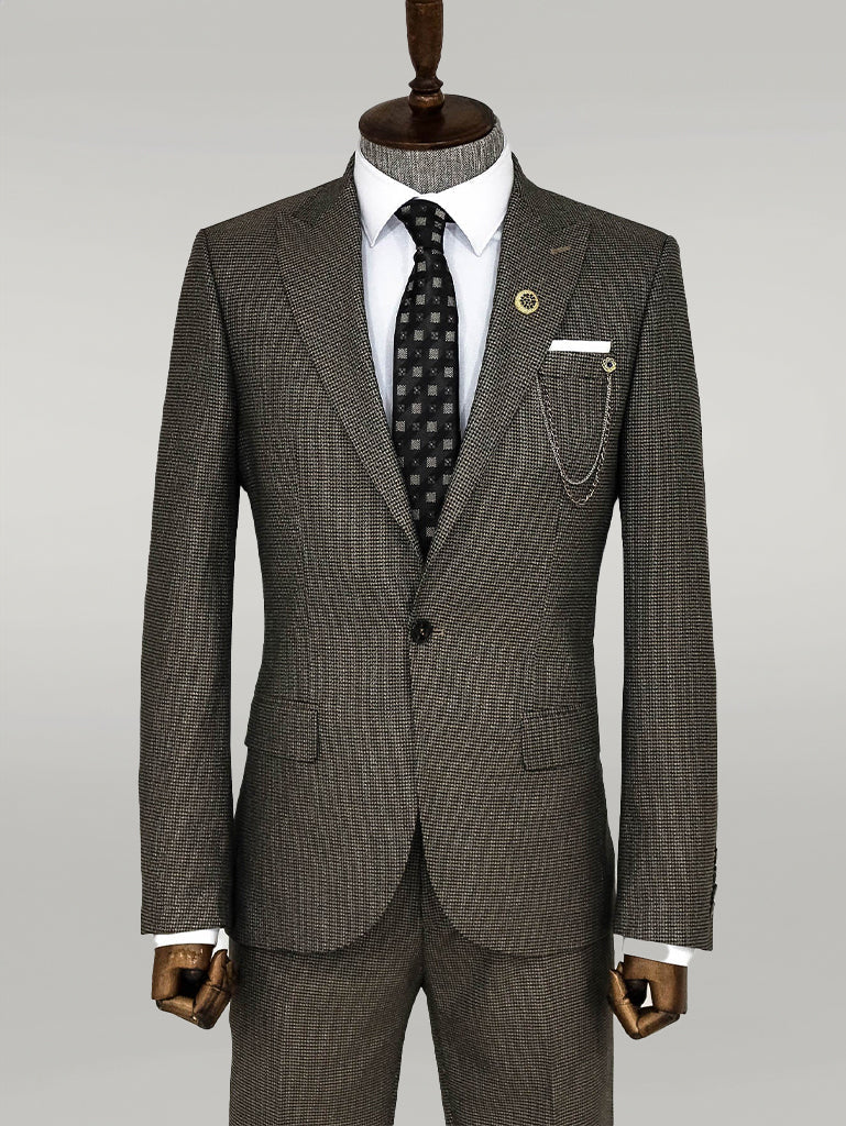 WSS Slim Fit Houndstooth Patterned 2 Piece Brown Men Suit  - Giurgiu