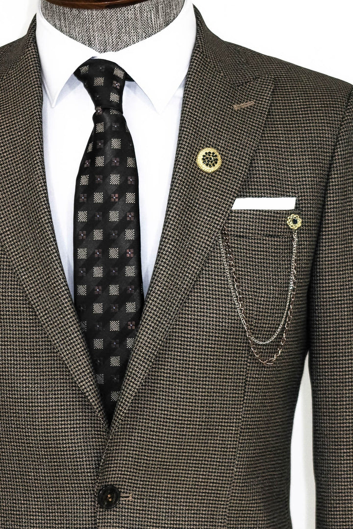 WSS Slim Fit Houndstooth Patterned 2 Piece Brown Men Suit  - Giurgiu