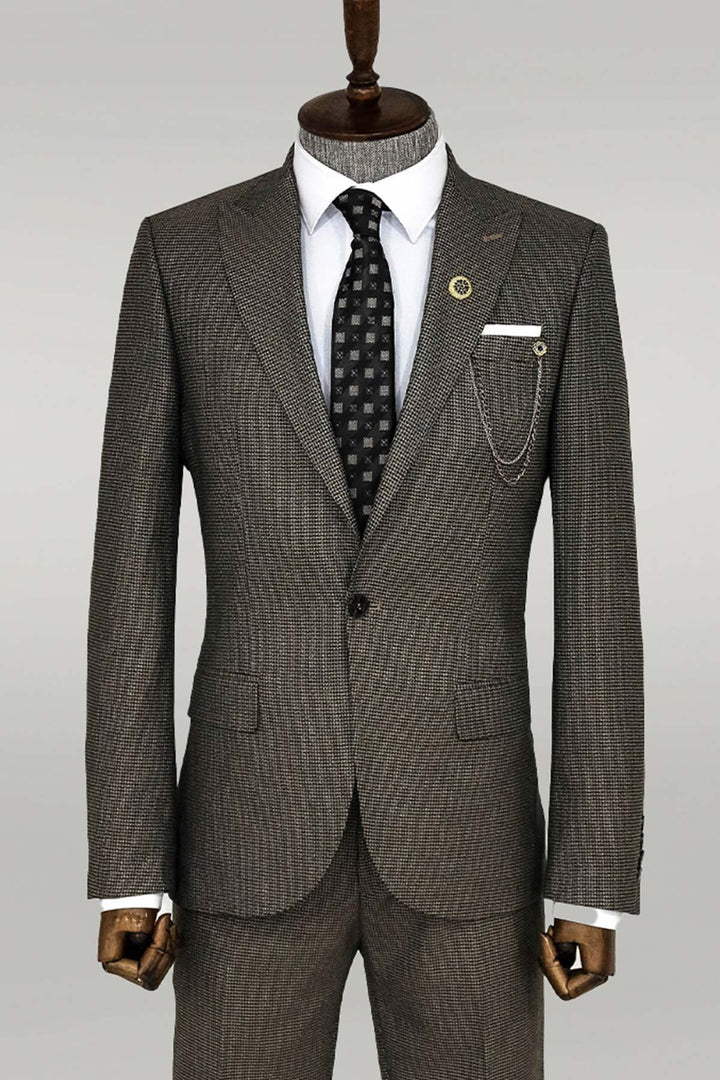 WSS Slim Fit Houndstooth Patterned 2 Piece Brown Men Suit  - Giurgiu