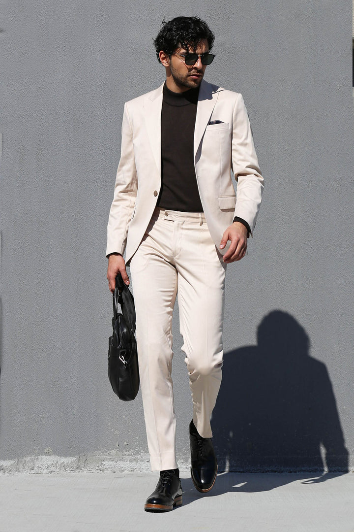 WSS Plain 2 Piece Slim Fit Cream Men Suit  - The Acreage
