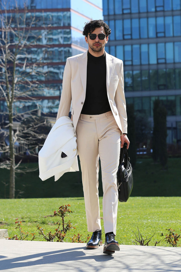 WSS Plain 2 Piece Slim Fit Cream Men Suit  - The Acreage
