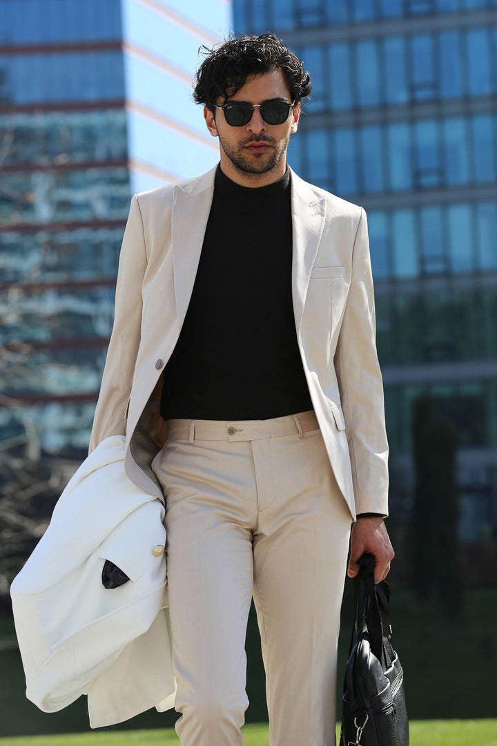 WSS Plain 2 Piece Slim Fit Cream Men Suit  - The Acreage