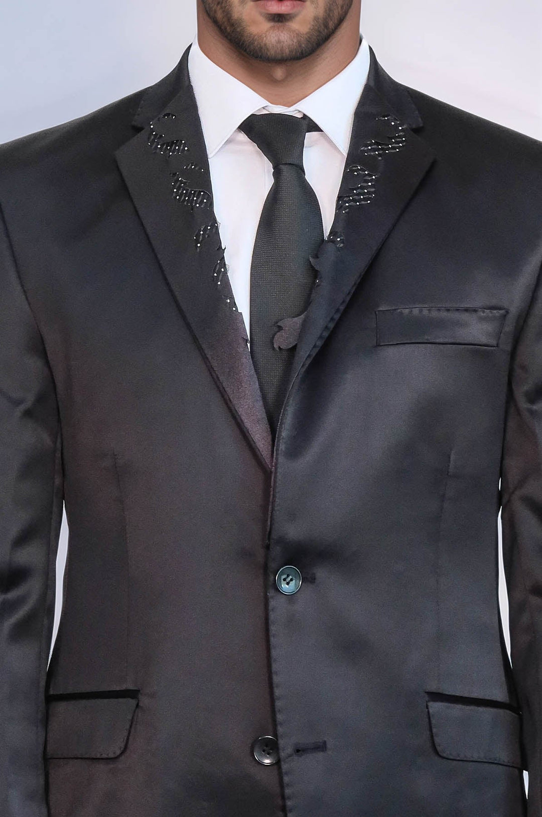 WSS Two Piece Two Buttons Modeled Lapel Satin Black Men Groom Suit - Arvada