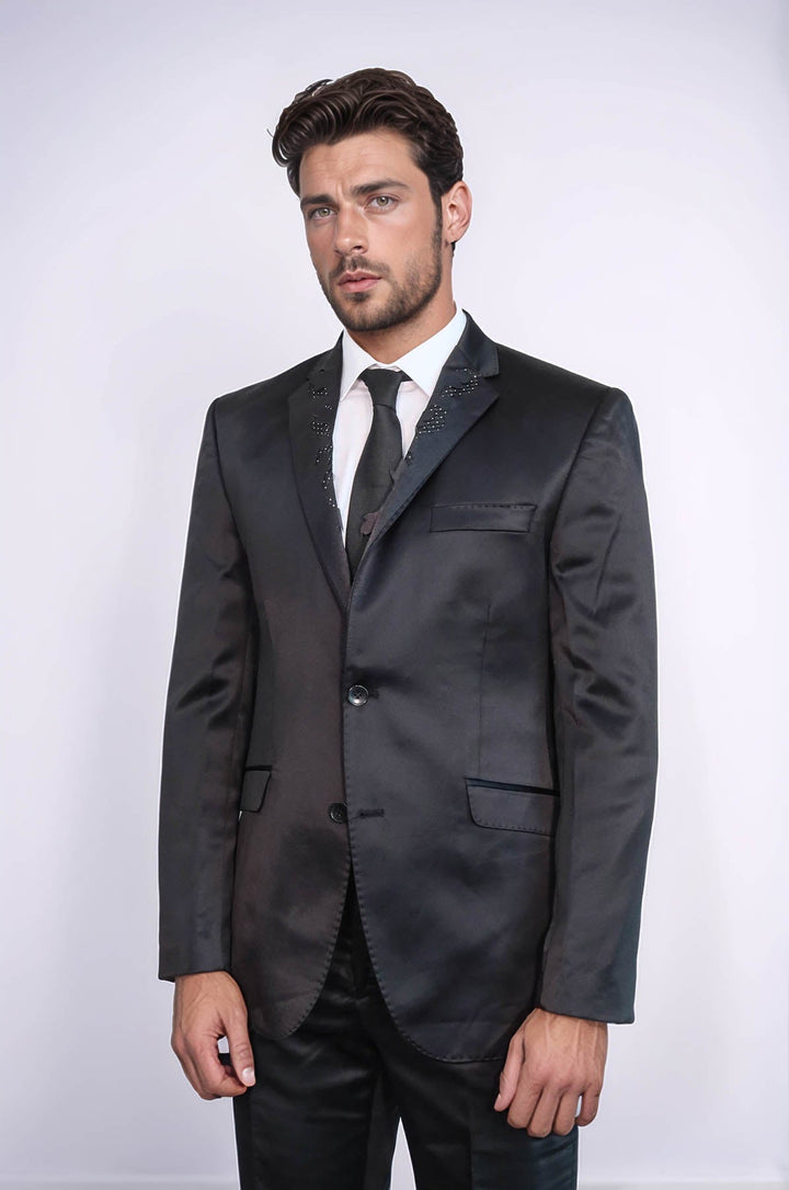 WSS Two Piece Two Buttons Modeled Lapel Satin Black Men Groom Suit - Arvada
