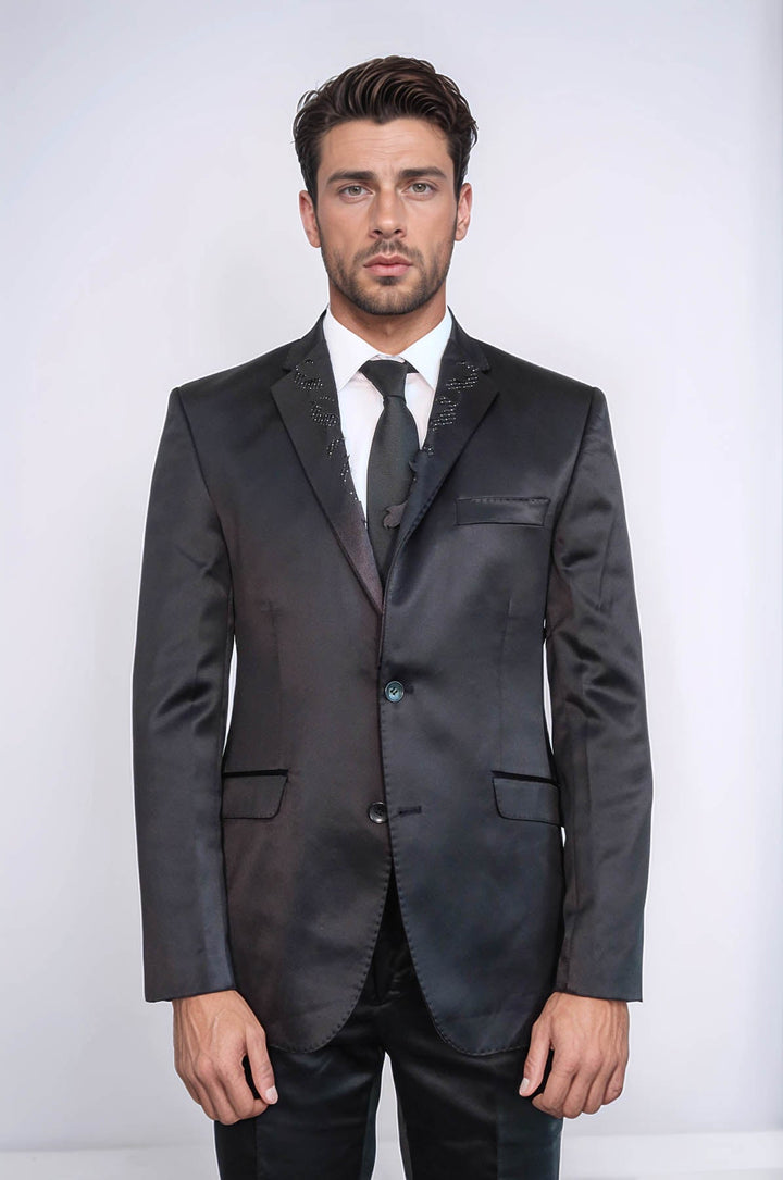 WSS Two Piece Two Buttons Modeled Lapel Satin Black Men Groom Suit - Arvada