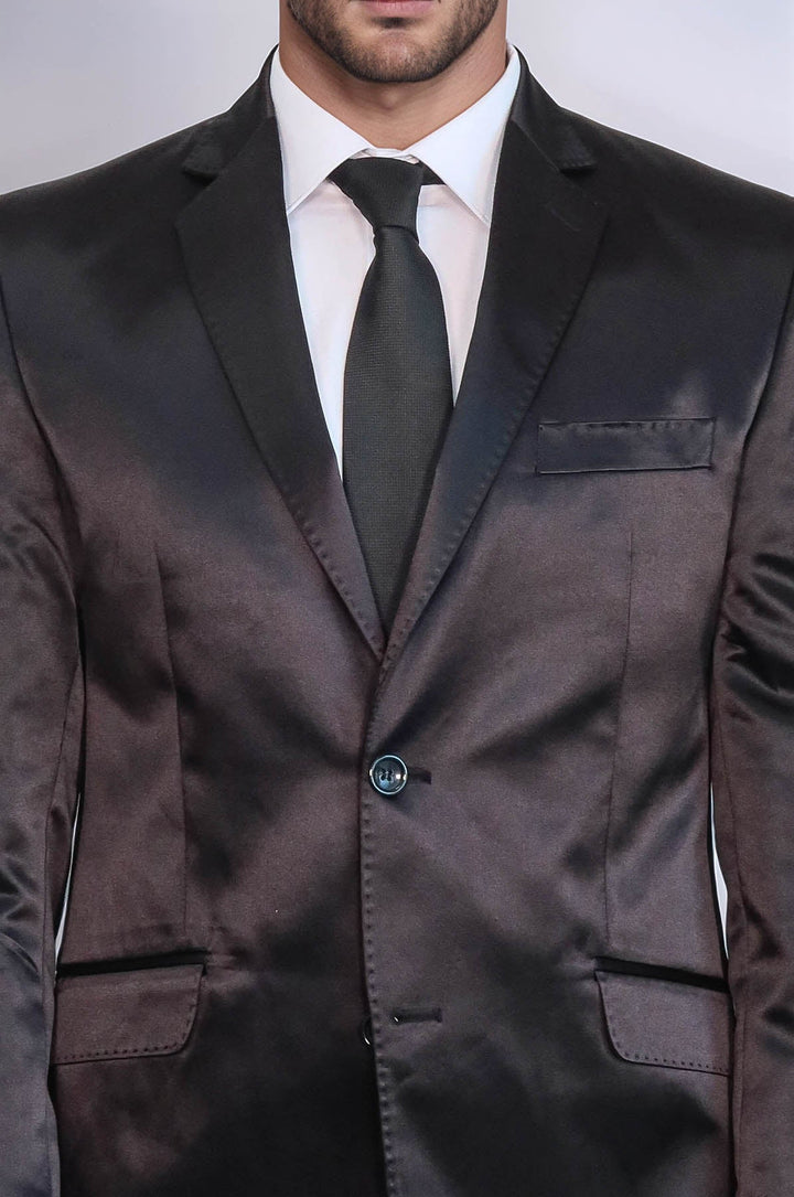 WSS Two Piece Two Buttons Modeled Lapel Satin Black Men Groom Suit - Wellington