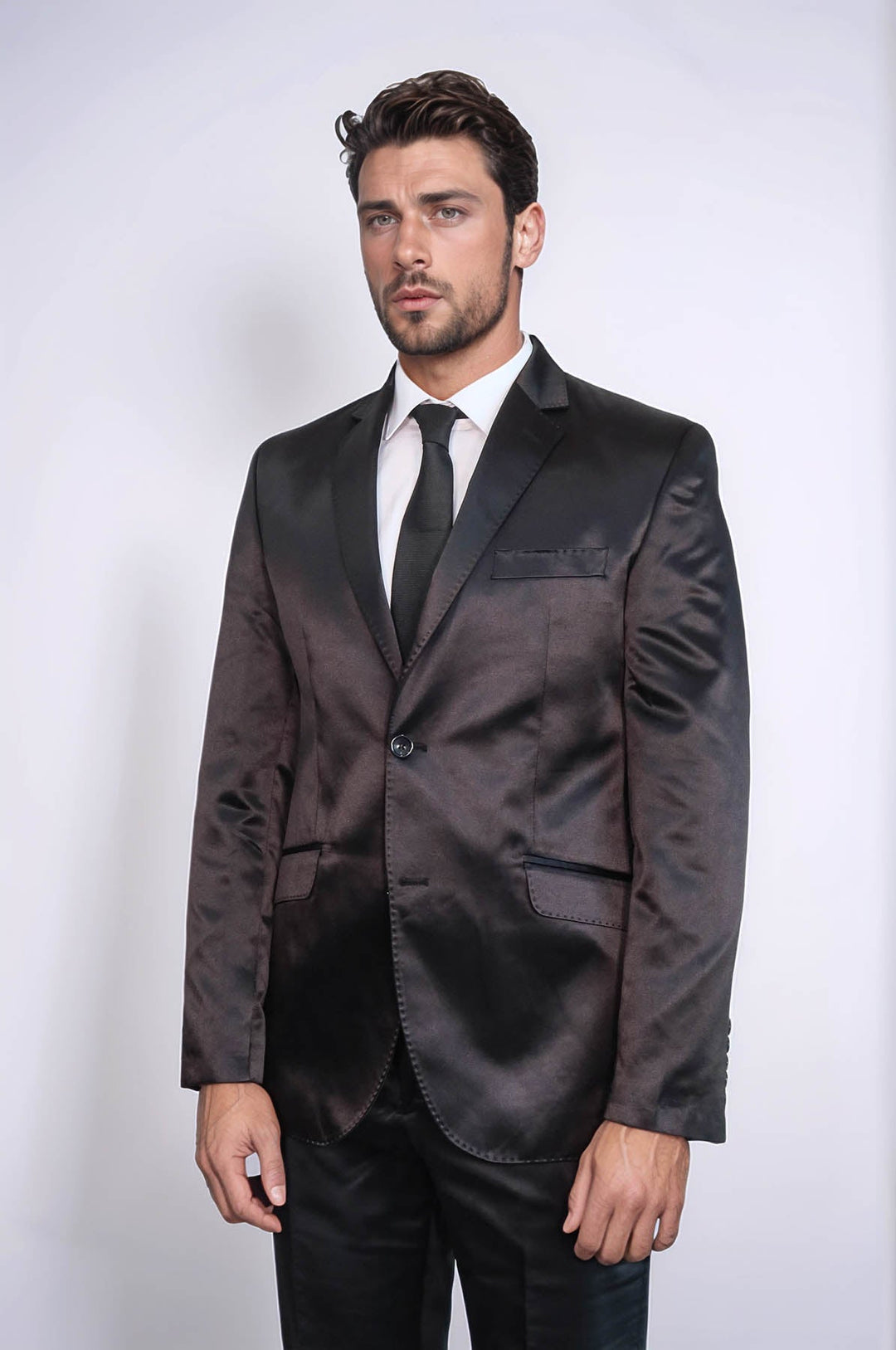 WSS Two Piece Two Buttons Modeled Lapel Satin Black Men Groom Suit - Wellington