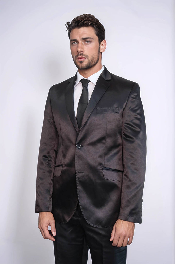 WSS Two Piece Two Buttons Modeled Lapel Satin Black Men Groom Suit - Wellington