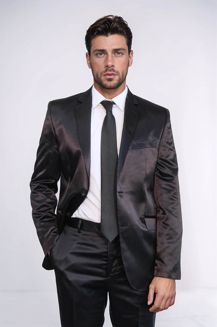 WSS Two Piece Two Buttons Modeled Lapel Satin Black Men Groom Suit - Wellington