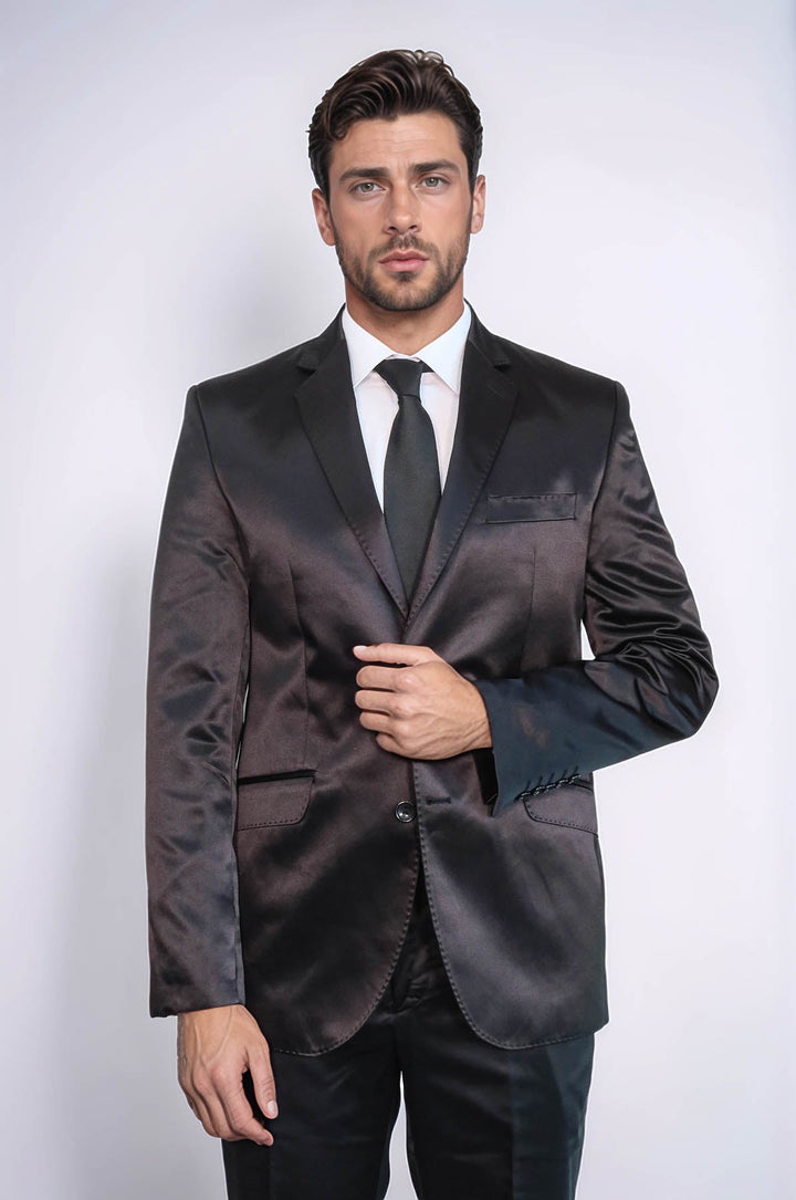 WSS Two Piece Two Buttons Modeled Lapel Satin Black Men Groom Suit - Wellington