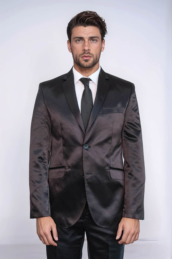 WSS Two Piece Two Buttons Modeled Lapel Satin Black Men Groom Suit - Wellington