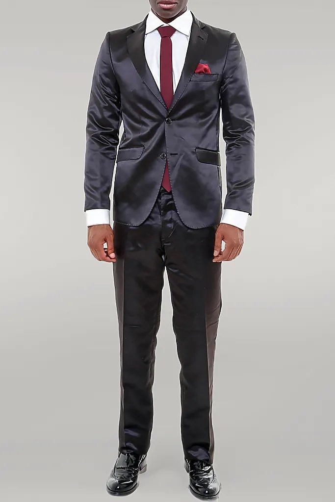 WSS Two Piece Two Buttons Modeled Lapel Satin Black Men Groom Suit - Singen