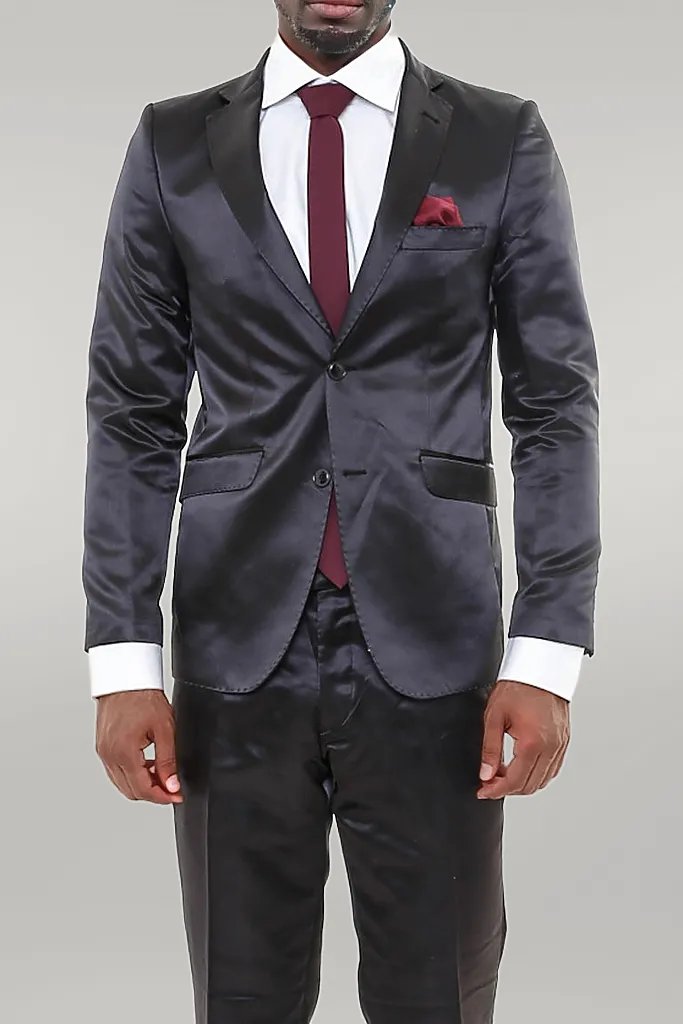 WSS Two Piece Two Buttons Modeled Lapel Satin Black Men Groom Suit - Singen