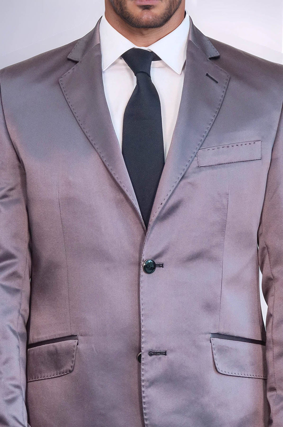 WSS Two Piece Two Buttons Modeled Lapel Satin Grey Men Groom Suit - Calumet City