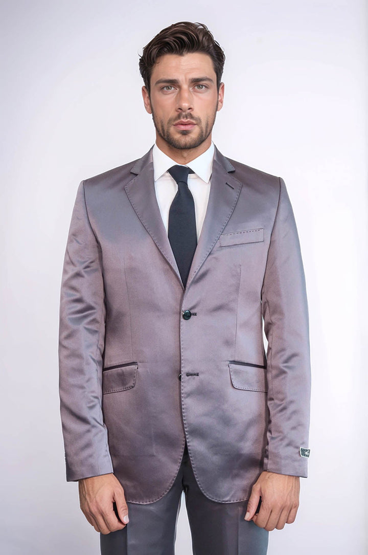 WSS Two Piece Two Buttons Modeled Lapel Satin Grey Men Groom Suit - Calumet City
