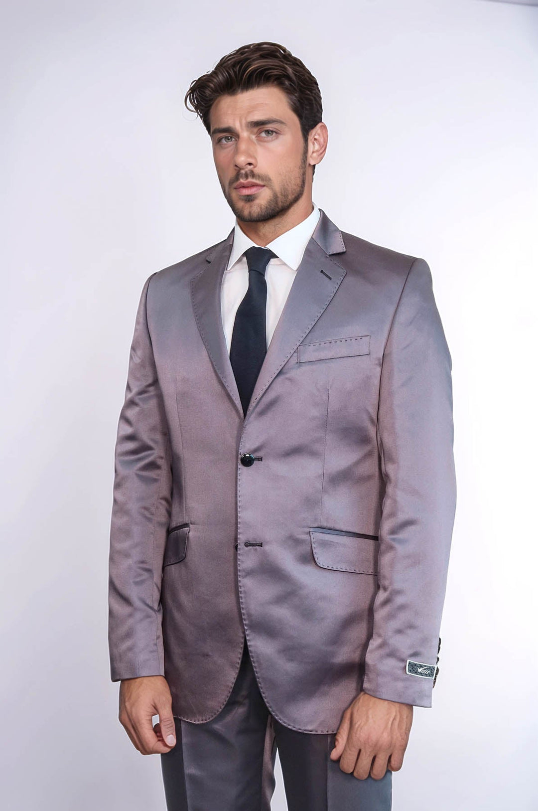 WSS Two Piece Two Buttons Modeled Lapel Satin Grey Men Groom Suit - Calumet City