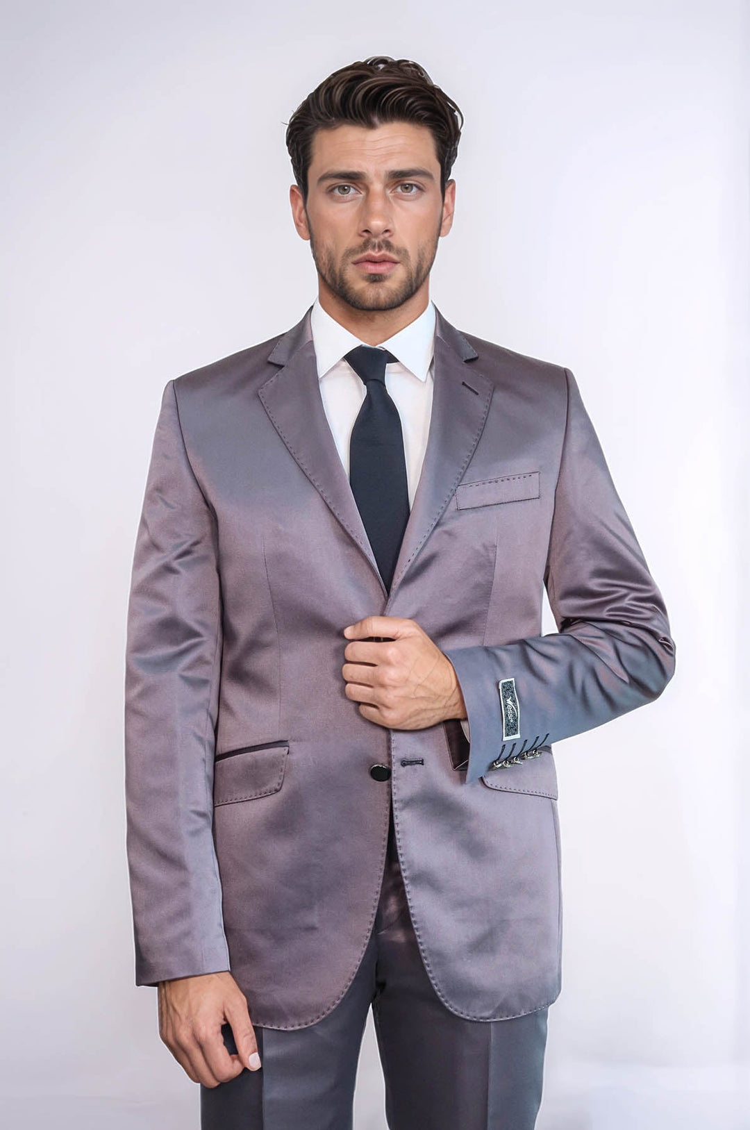 WSS Two Piece Two Buttons Modeled Lapel Satin Grey Men Groom Suit - Calumet City