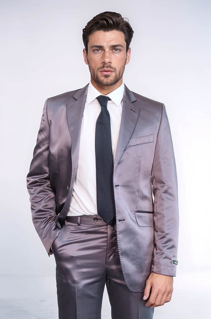 WSS Two Piece Two Buttons Modeled Lapel Satin Grey Men Groom Suit - Calumet City