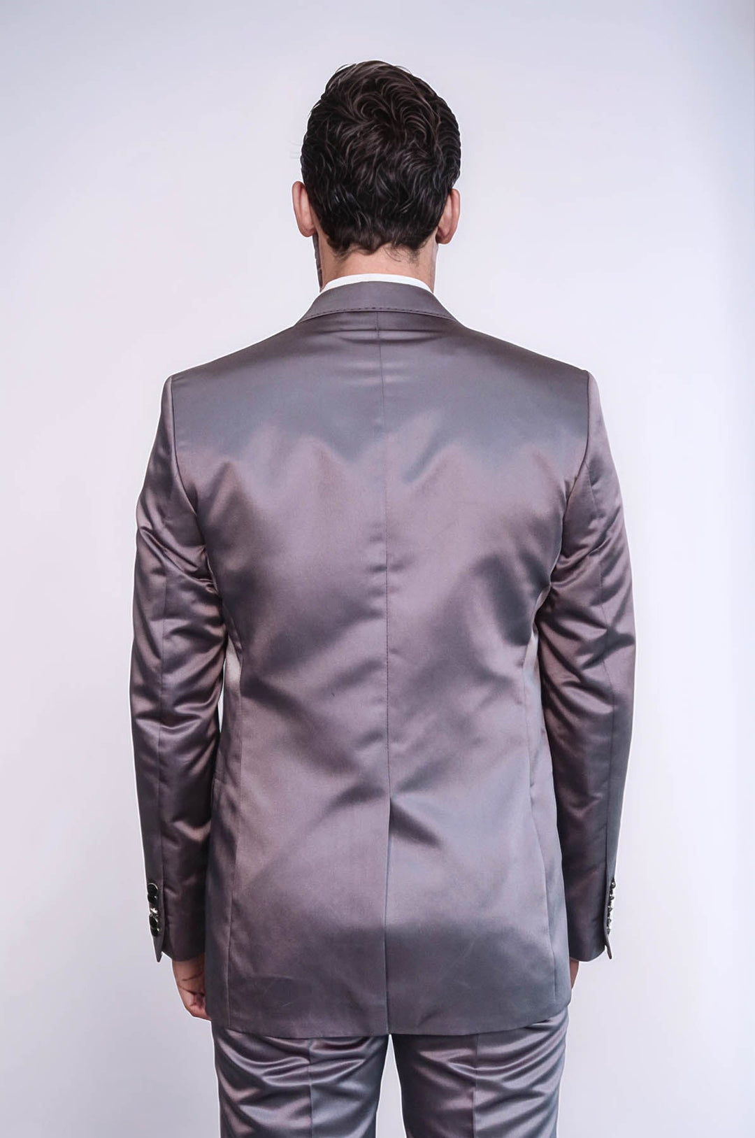 WSS Two Piece Two Buttons Modeled Lapel Satin Grey Men Groom Suit - Calumet City