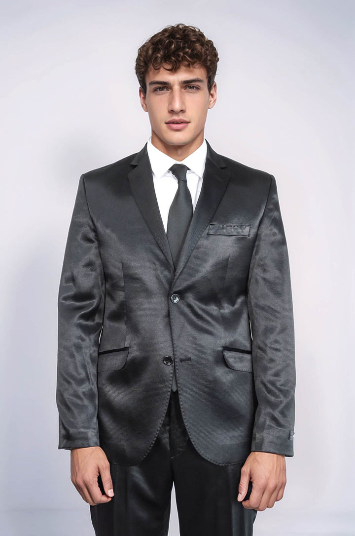 WSS Two Piece Two Buttons Patterned Satin Black Men Suit - Barnsley
