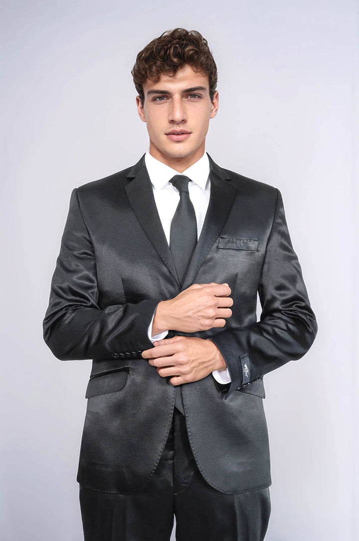 WSS Two Piece Two Buttons Patterned Satin Black Men Suit - Barnsley