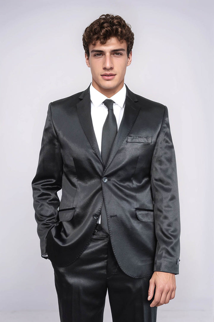 WSS Two Piece Two Buttons Patterned Satin Black Men Suit - Barnsley