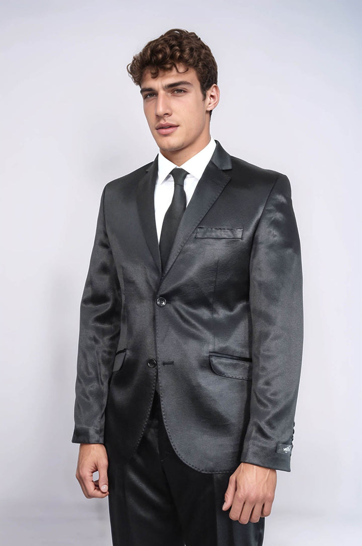 WSS Two Piece Two Buttons Patterned Satin Black Men Suit - Barnsley