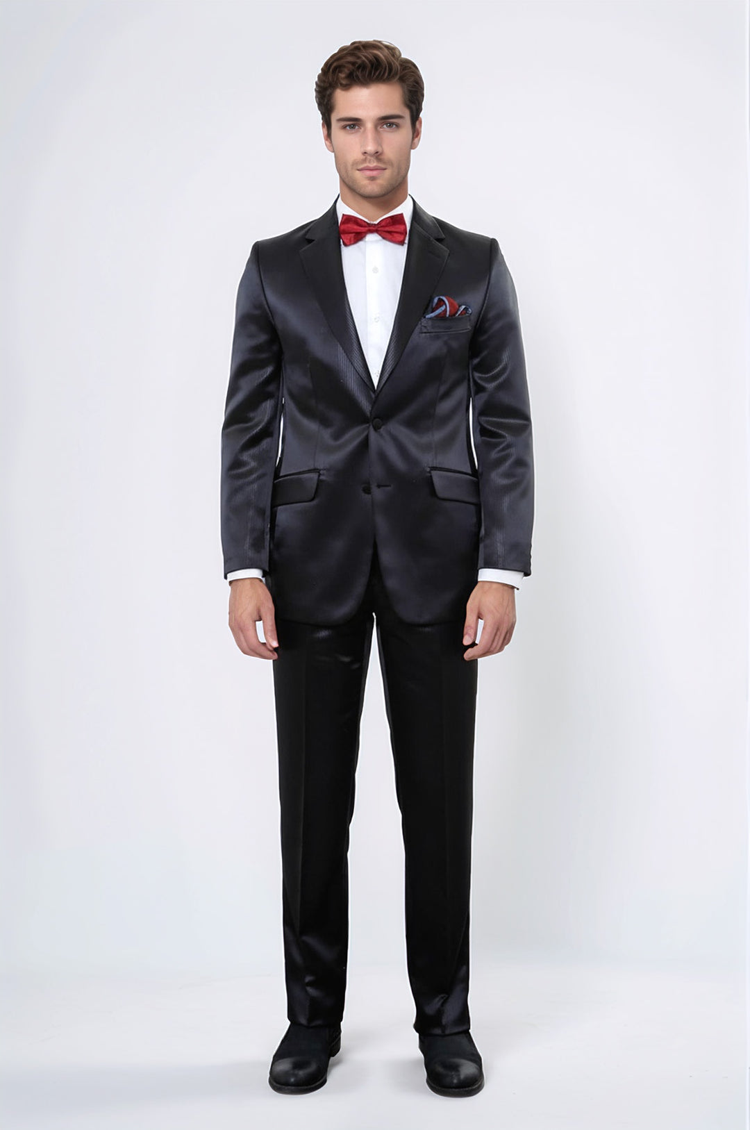 WSS Two Piece Two Buttons Modeled Lapel Satin Black Men Groom Suit - Toulouse