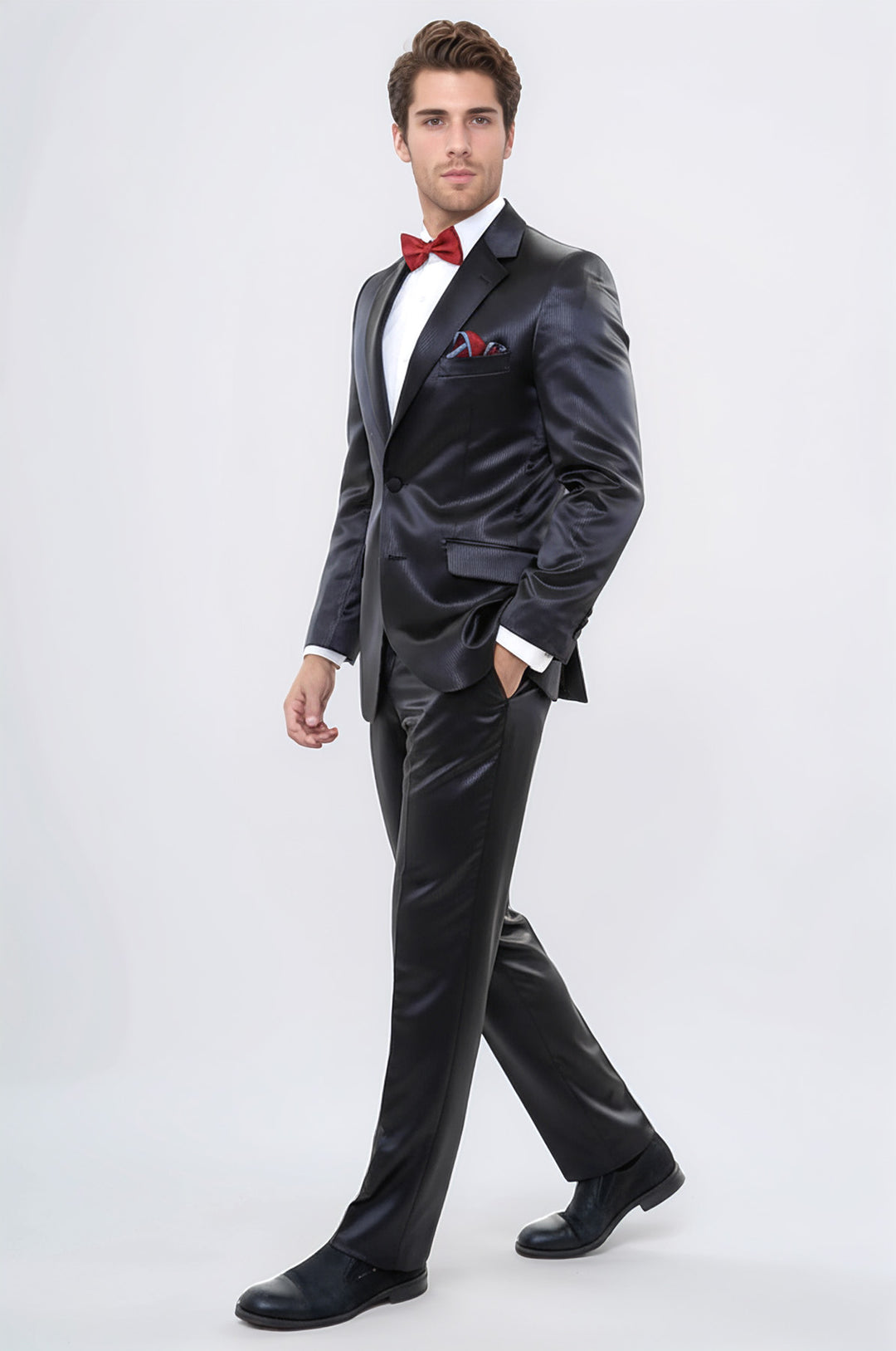WSS Two Piece Two Buttons Modeled Lapel Satin Black Men Groom Suit - Toulouse