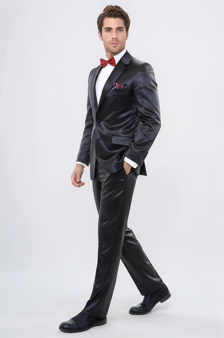 WSS Two Piece Two Buttons Modeled Lapel Satin Black Men Groom Suit - Toulouse