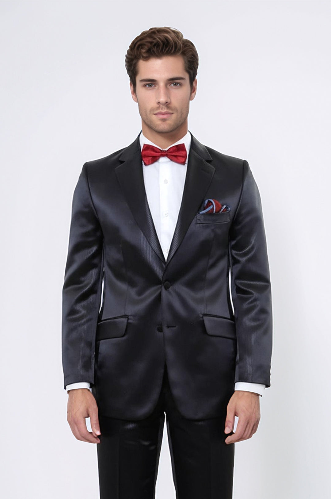WSS Two Piece Two Buttons Modeled Lapel Satin Black Men Groom Suit - Toulouse